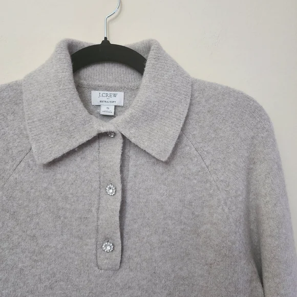 J Crew Wool Collared Polo Sweater Extra Soft Rhinestone Buttons Cropped Size S - Picture 2 of 10
